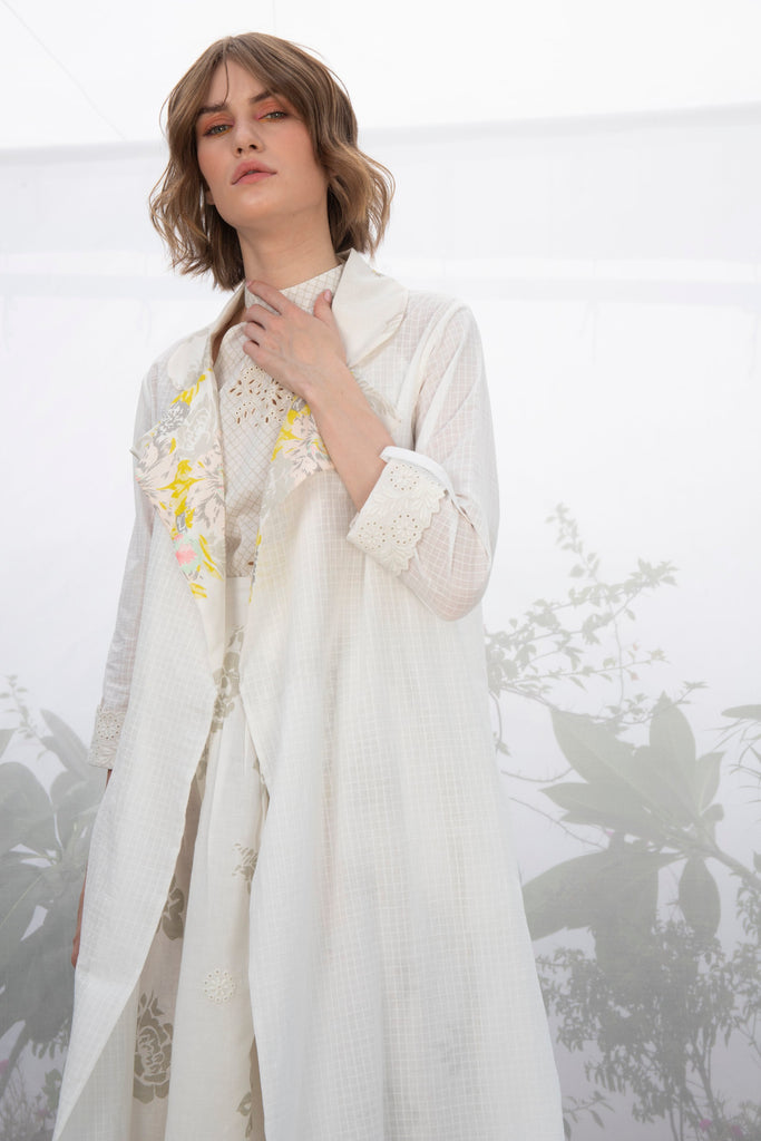 Ivory Textured Khadi Cotton Throw On With Embroidered Sleeve And Printed Collar-Jacket-ARCVSH by Pallavi Singh