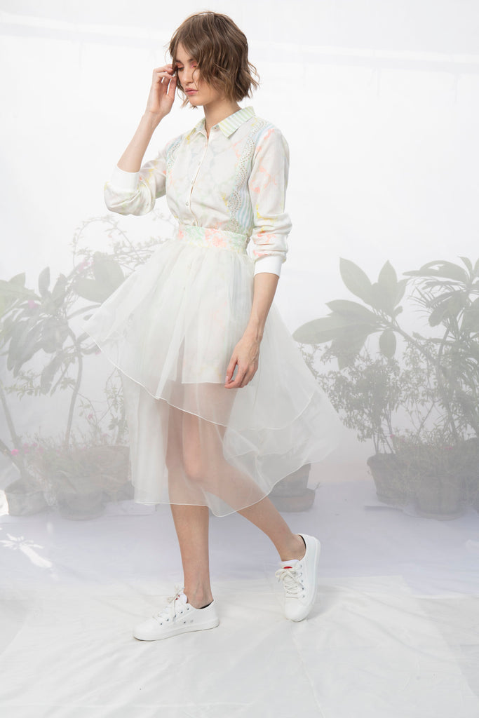 Ivory Printed Shirt With Layered Skirt-Skirt-ARCVSH by Pallavi Singh