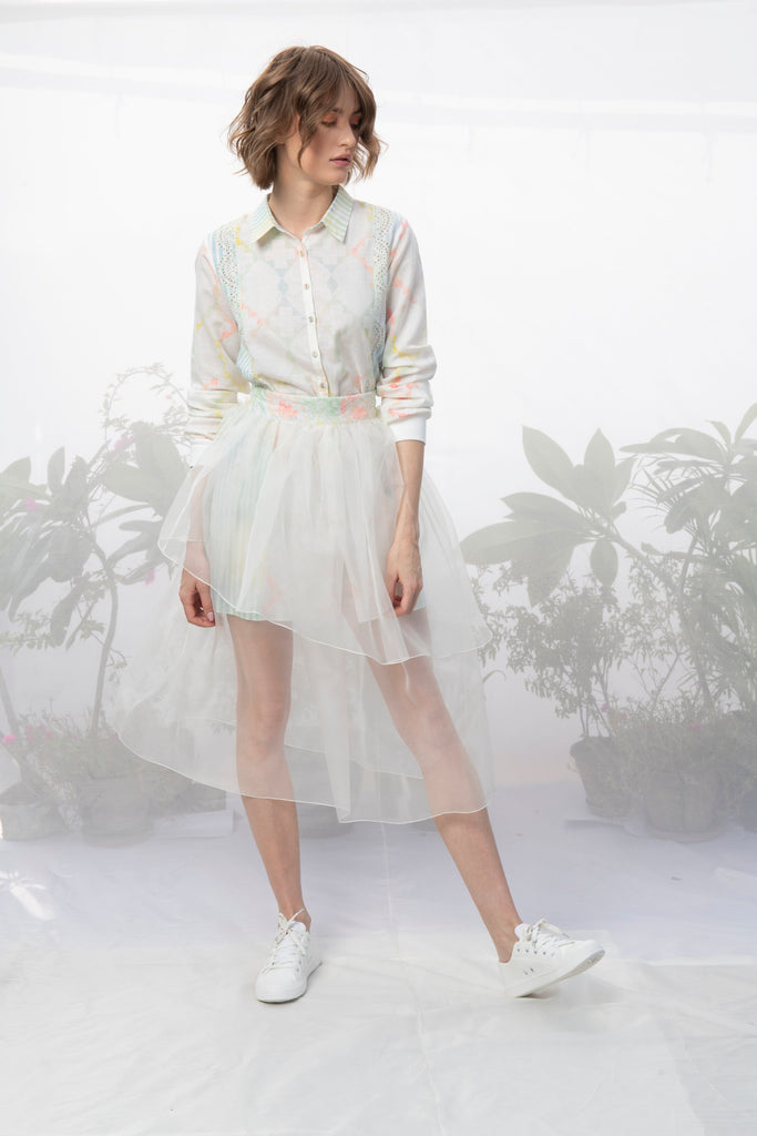 Ivory Printed Shirt With Layered Skirt-Skirt-ARCVSH by Pallavi Singh