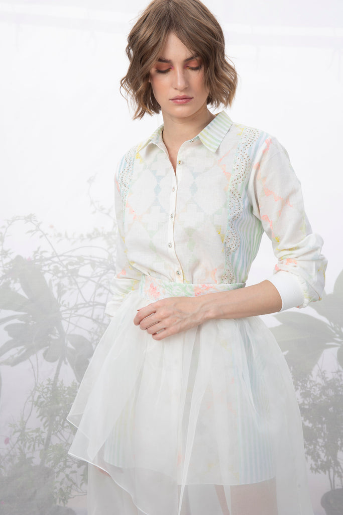 Ivory Printed Shirt With Layered Skirt-Skirt-ARCVSH by Pallavi Singh