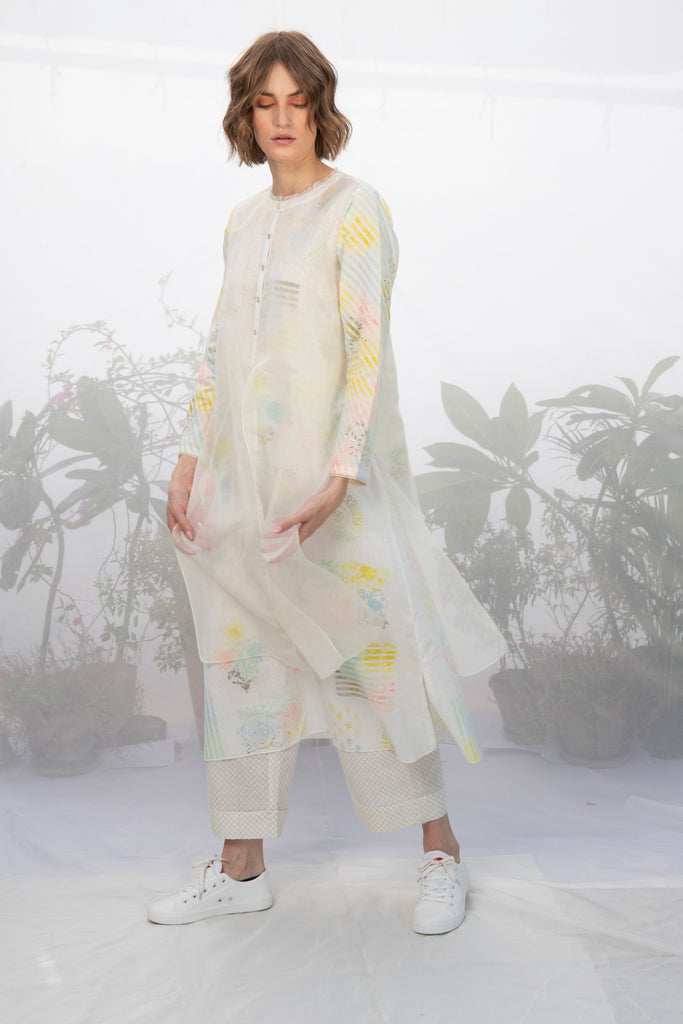 Ivory Double Layer Hand Block Printed Tunic With Pants-Tunic-ARCVSH by Pallavi Singh