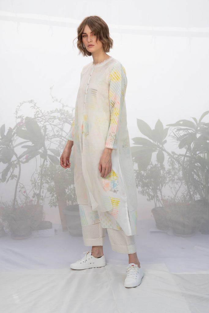 Ivory Double Layer Hand Block Printed Tunic With Pants-Tunic-ARCVSH by Pallavi Singh