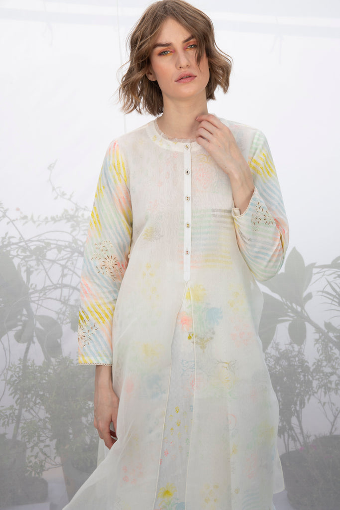 Ivory Double Layer Hand Block Printed Tunic With Pants-Tunic-ARCVSH by Pallavi Singh