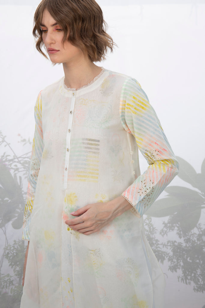 Ivory Double Layer Hand Block Printed Tunic With Pants-Tunic-ARCVSH by Pallavi Singh