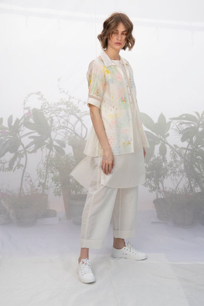 Ivory Tunic With Hand Block Printed Overlay And Pants-Full Set-ARCVSH by Pallavi Singh