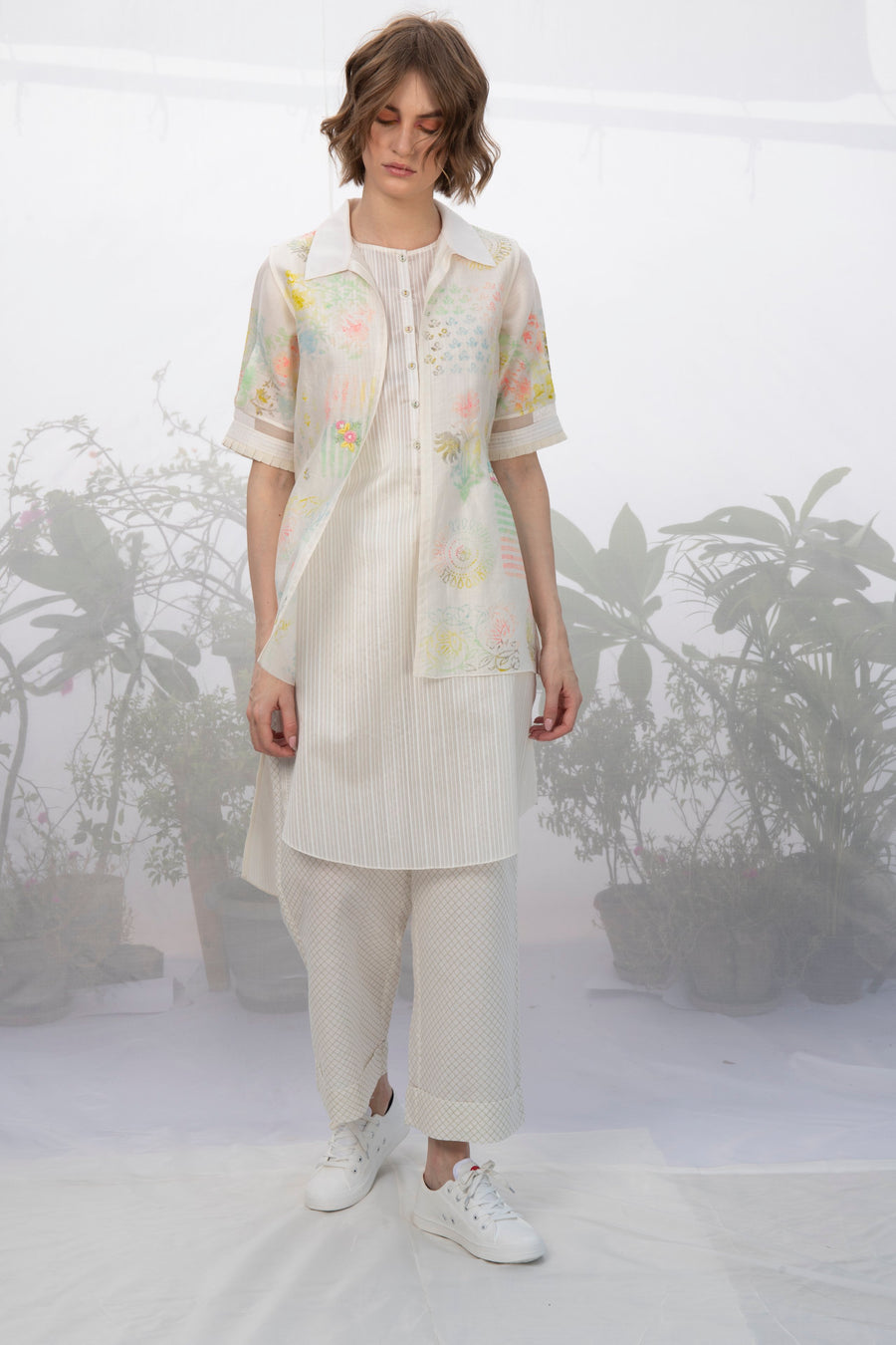 Ivory Tunic With Hand Block Printed Throw On Jacket-Tunic-ARCVSH by Pallavi Singh