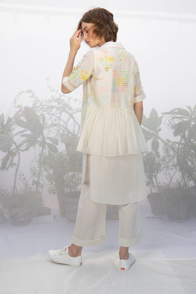 Ivory Tunic With Hand Block Printed Throw On Jacket-Tunic-ARCVSH by Pallavi Singh