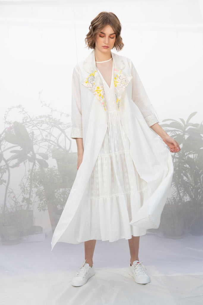 Ivory Textured Khadi Cotton Jacket With Tiered Dress-Full Set-ARCVSH by Pallavi Singh