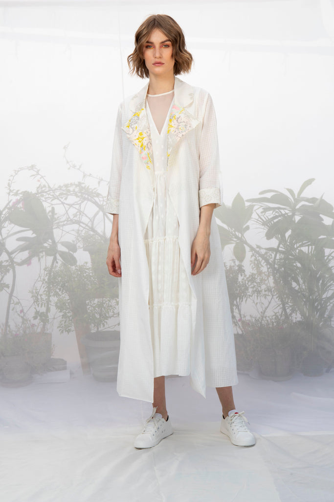 Ivory Textured Khadi Cotton Jacket With Tiered Dress-Full Set-ARCVSH by Pallavi Singh