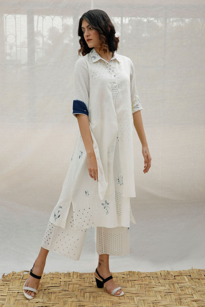 Ivory With Indigo Print Double Layer Print Cotton Tunic-Tunic-ARCVSH by Pallavi Singh