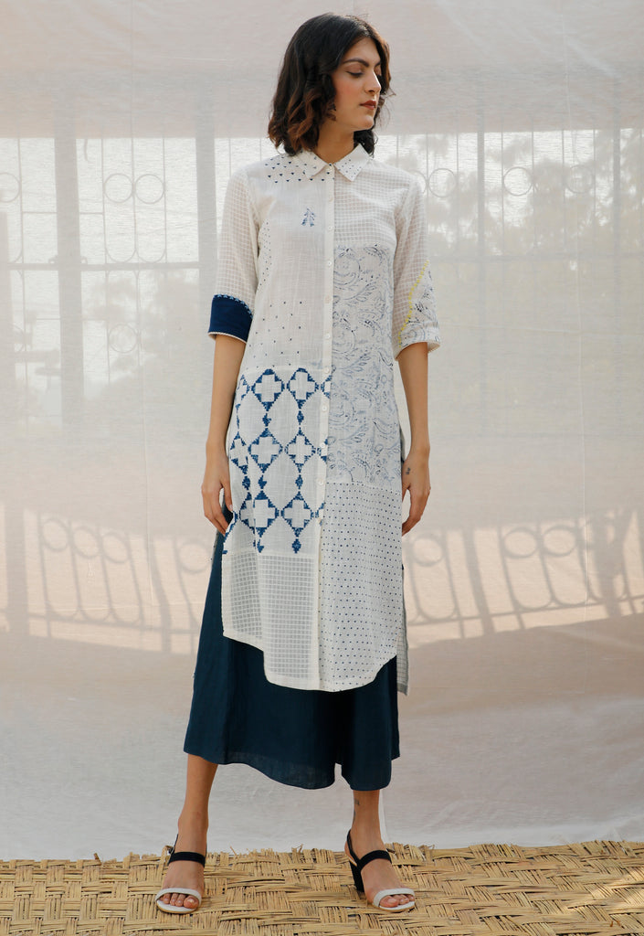 Ivory With Indigo Front Open Cotton Shirt Tunic-Tunic-ARCVSH by Pallavi Singh