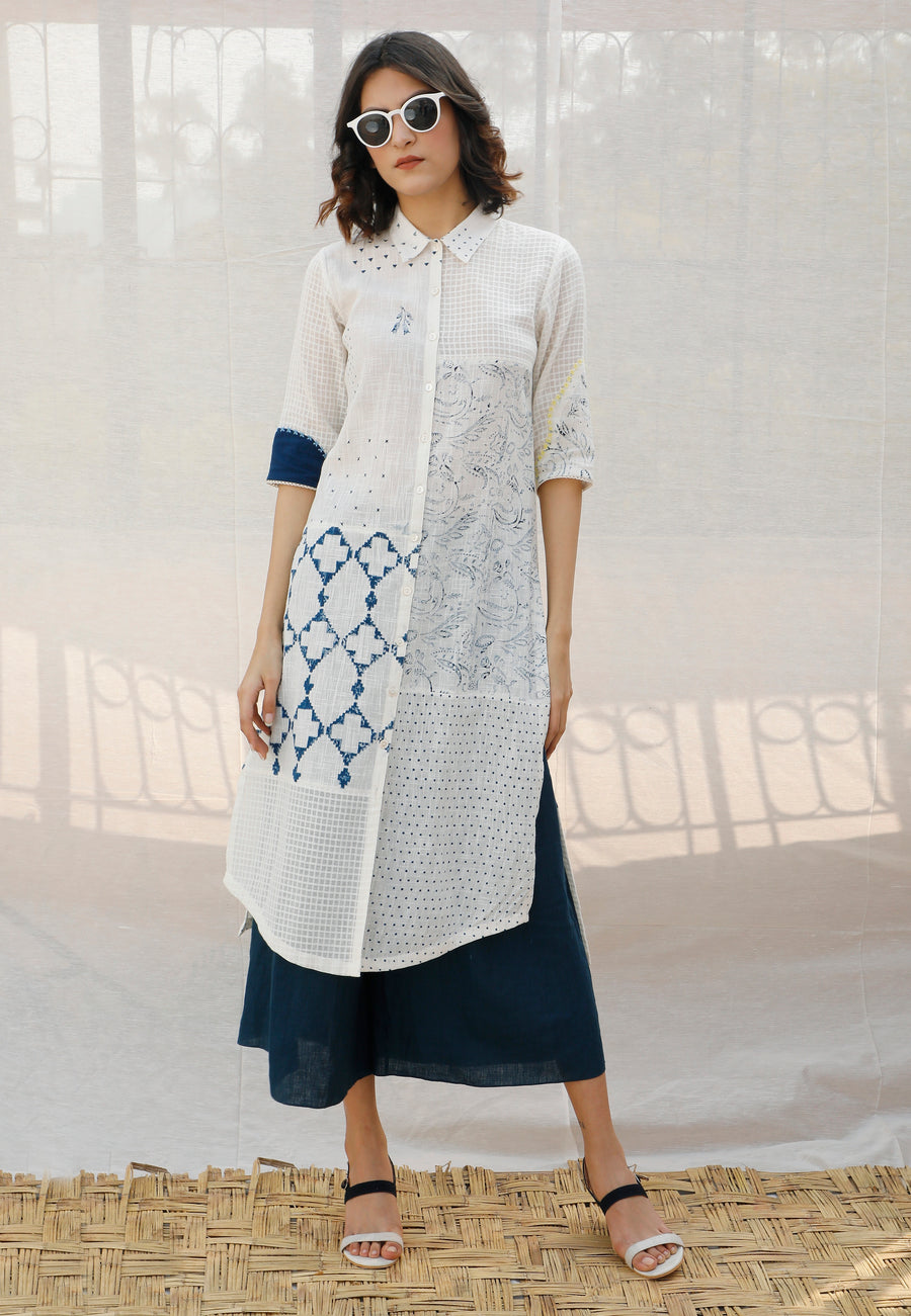 Ivory With Indigo Front Open Cotton Shirt Tunic-Tunic-ARCVSH by Pallavi Singh