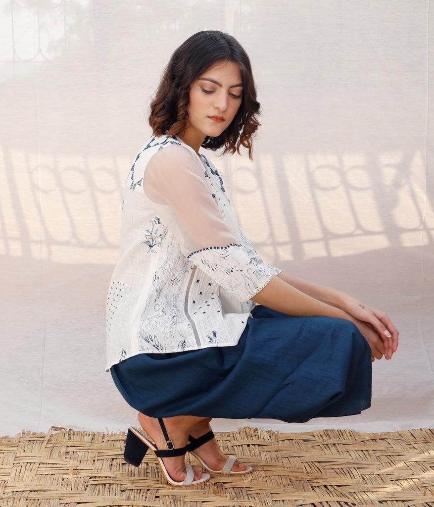 Ivory Front Pleated Printed Cotton Top with Indigo print-Top-ARCVSH by Pallavi Singh