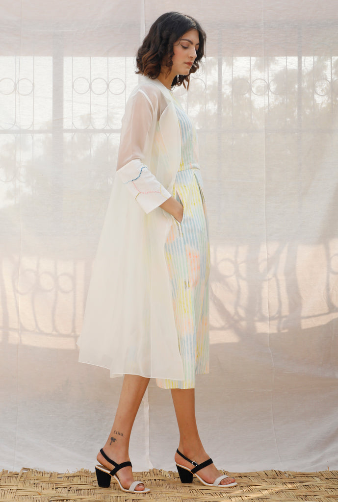 Ivory With Multi Color Print Jumpsuit And Organza Jacket Set-Full Set-ARCVSH by Pallavi Singh
