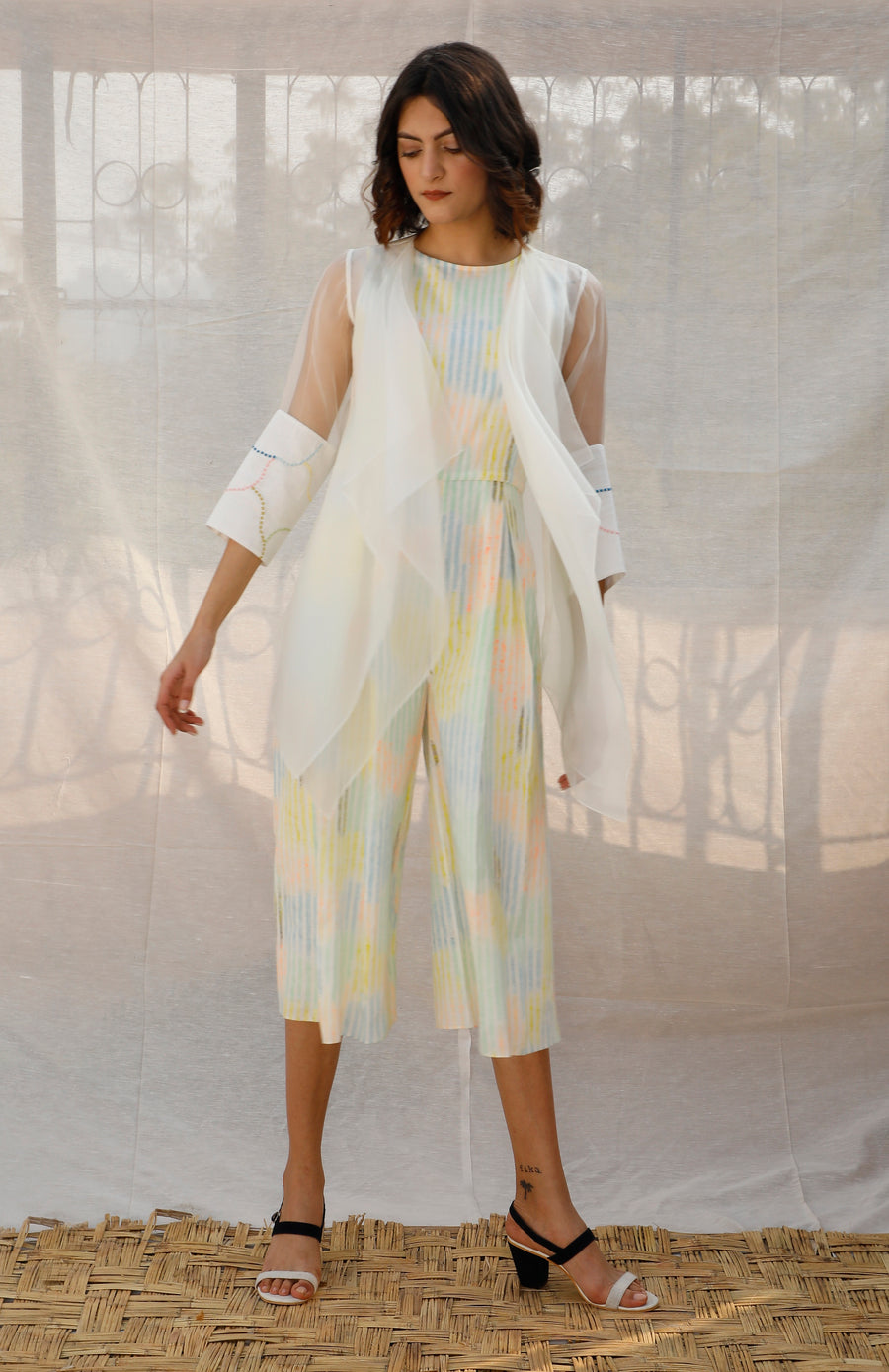 Multi Color Stripe Printed Linen Jumpsuit With Organza Throw On-Full Set-ARCVSH by Pallavi Singh
