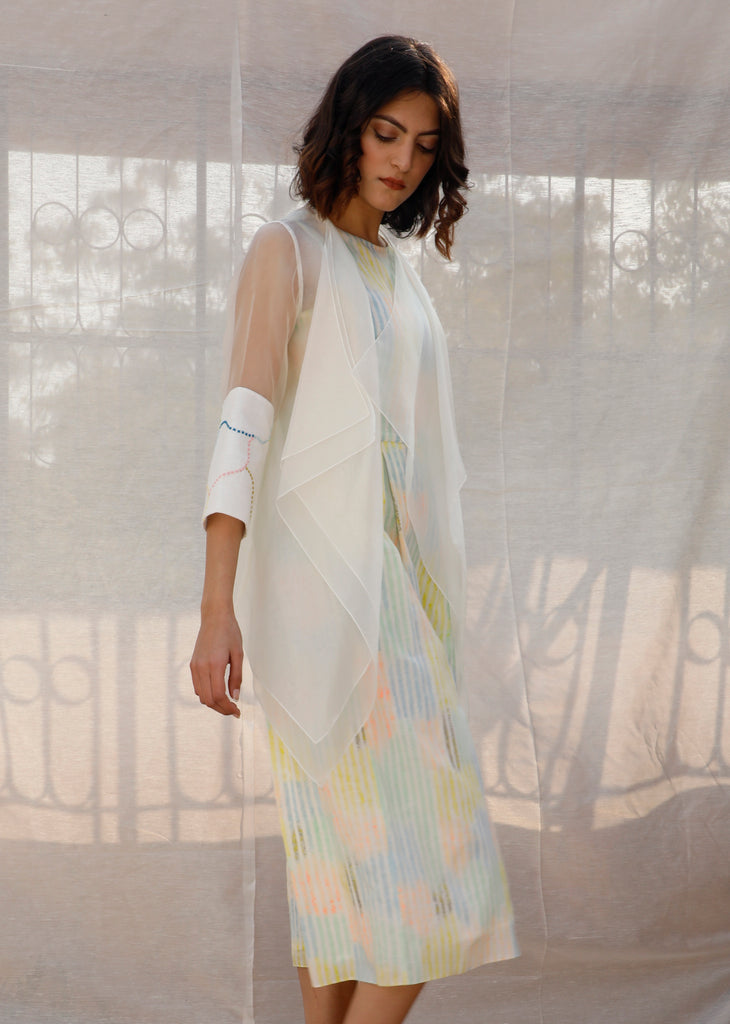Multi Color Stripe Printed Linen Jumpsuit With Organza Throw On-Full Set-ARCVSH by Pallavi Singh