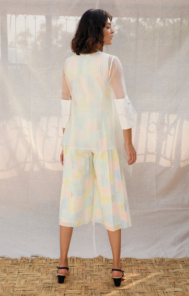 Multi Color Stripe Printed Linen Jumpsuit With Organza Throw On-Full Set-ARCVSH by Pallavi Singh