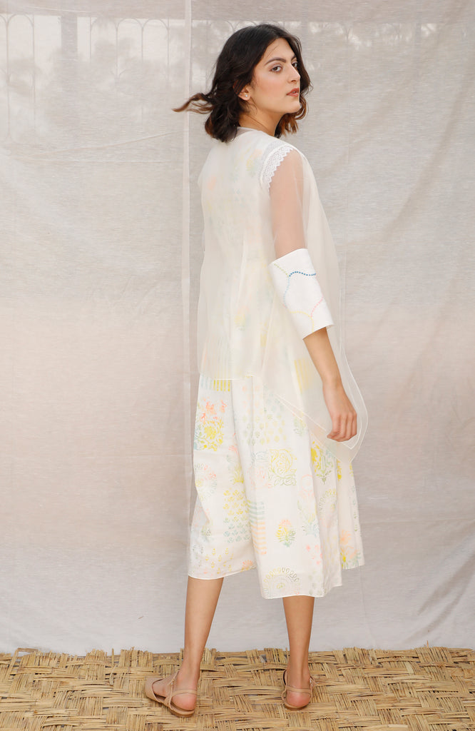 Ivory Printed Linen Jumpsuit With Organza Throw On-Full Set-ARCVSH by Pallavi Singh