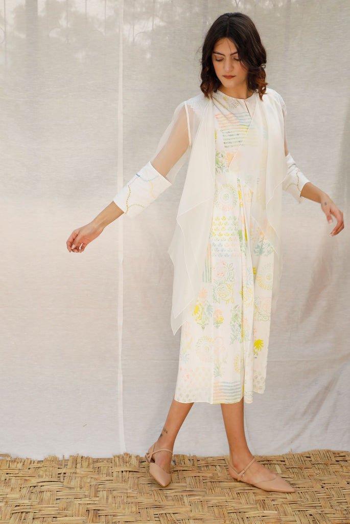 Ivory Printed Linen Jumpsuit With Organza Throw On-Full Set-ARCVSH by Pallavi Singh
