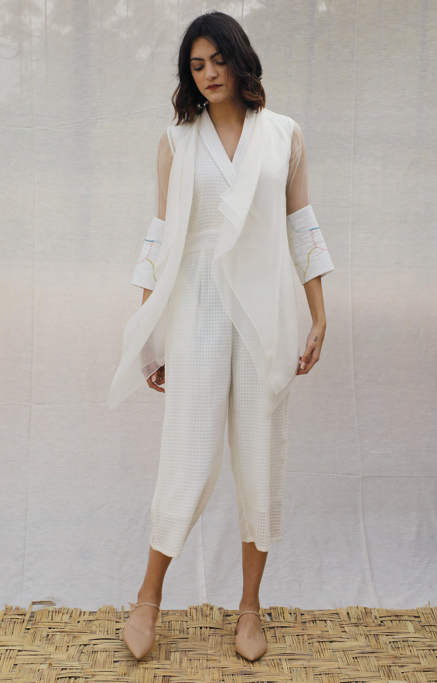 Ivory Jumpsuit With Organza Throw On-Full Set-ARCVSH by Pallavi Singh