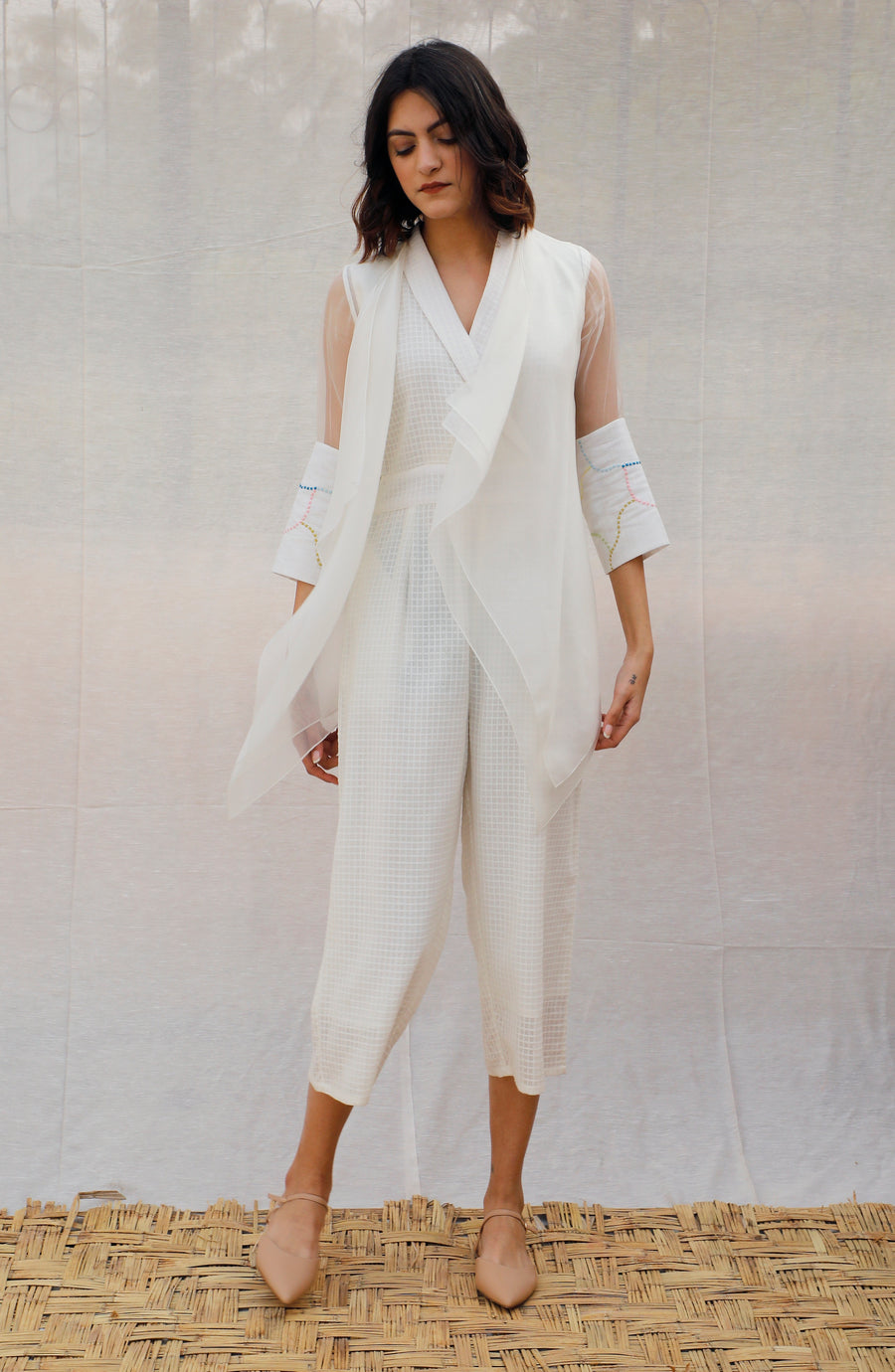 Ivory Asymmetric Organza Throw On With Embroidered Sleeve-Jacket-ARCVSH by Pallavi Singh