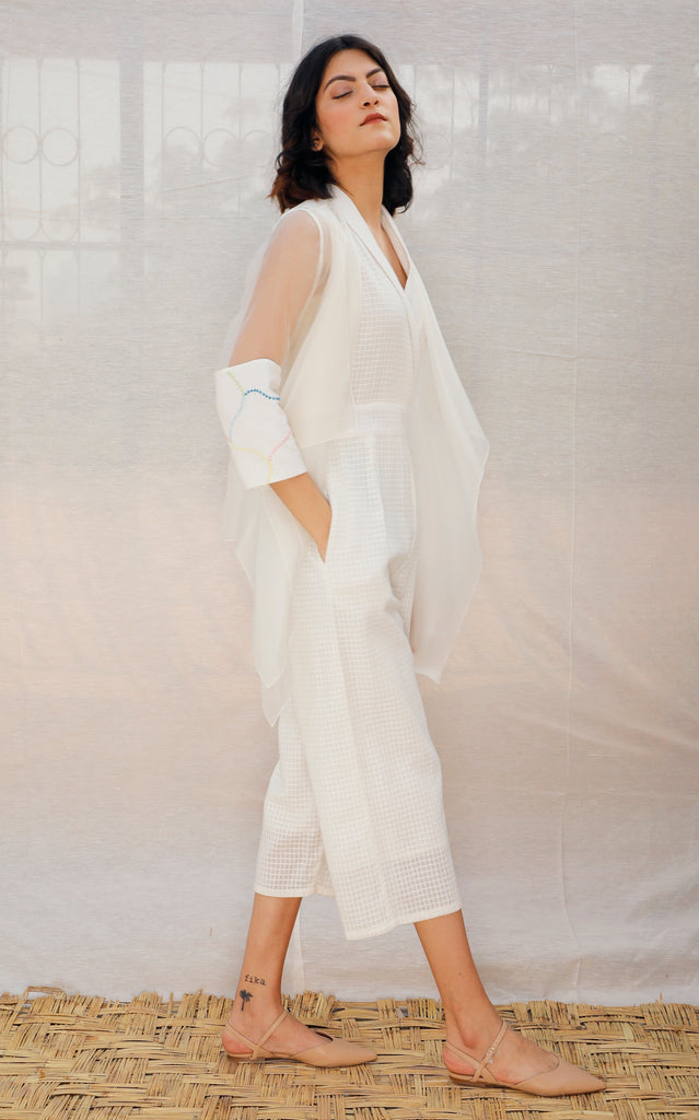 Ivory Asymmetric Organza Throw On With Embroidered Sleeve-Jacket-ARCVSH by Pallavi Singh
