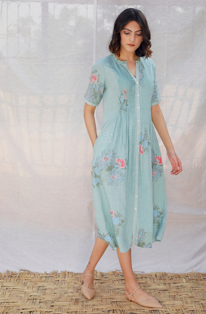 Mint Printed And Embroidered Linen Slip Dress-Dress-ARCVSH by Pallavi Singh