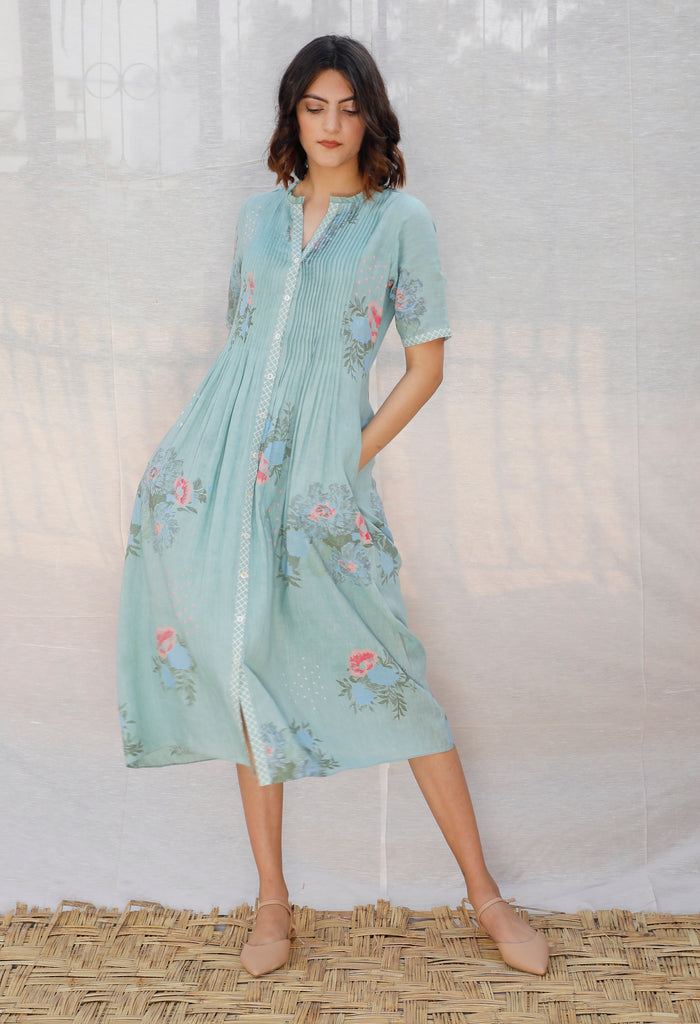 Mint Printed And Embroidered Linen Slip Dress-Dress-ARCVSH by Pallavi Singh