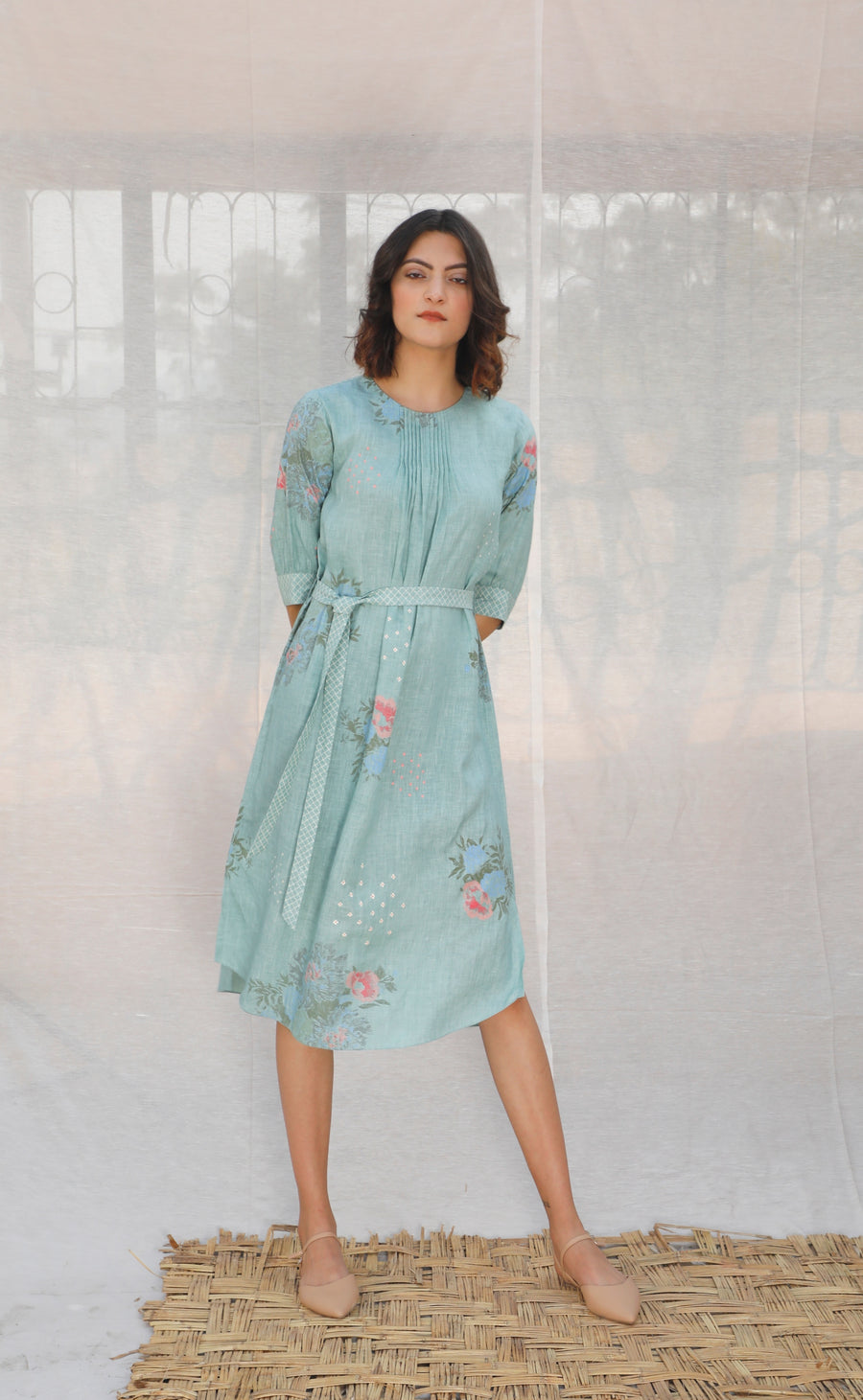 Mint Front Pleat Slip Linen Dress-Dress-ARCVSH by Pallavi Singh