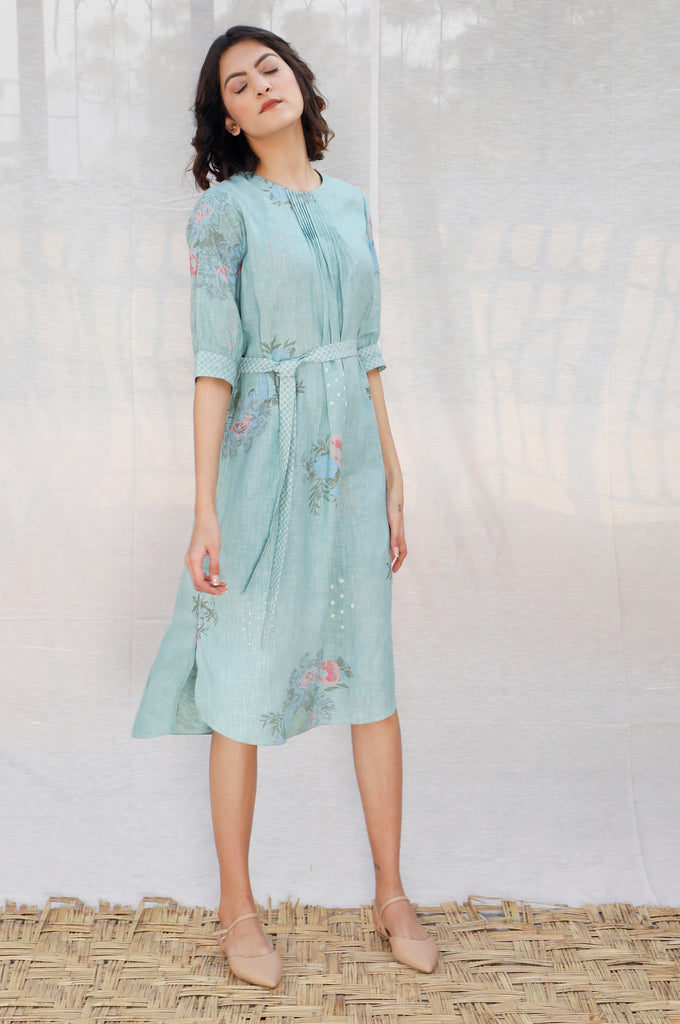 Mint Front Pleat Slip Linen Dress-Dress-ARCVSH by Pallavi Singh