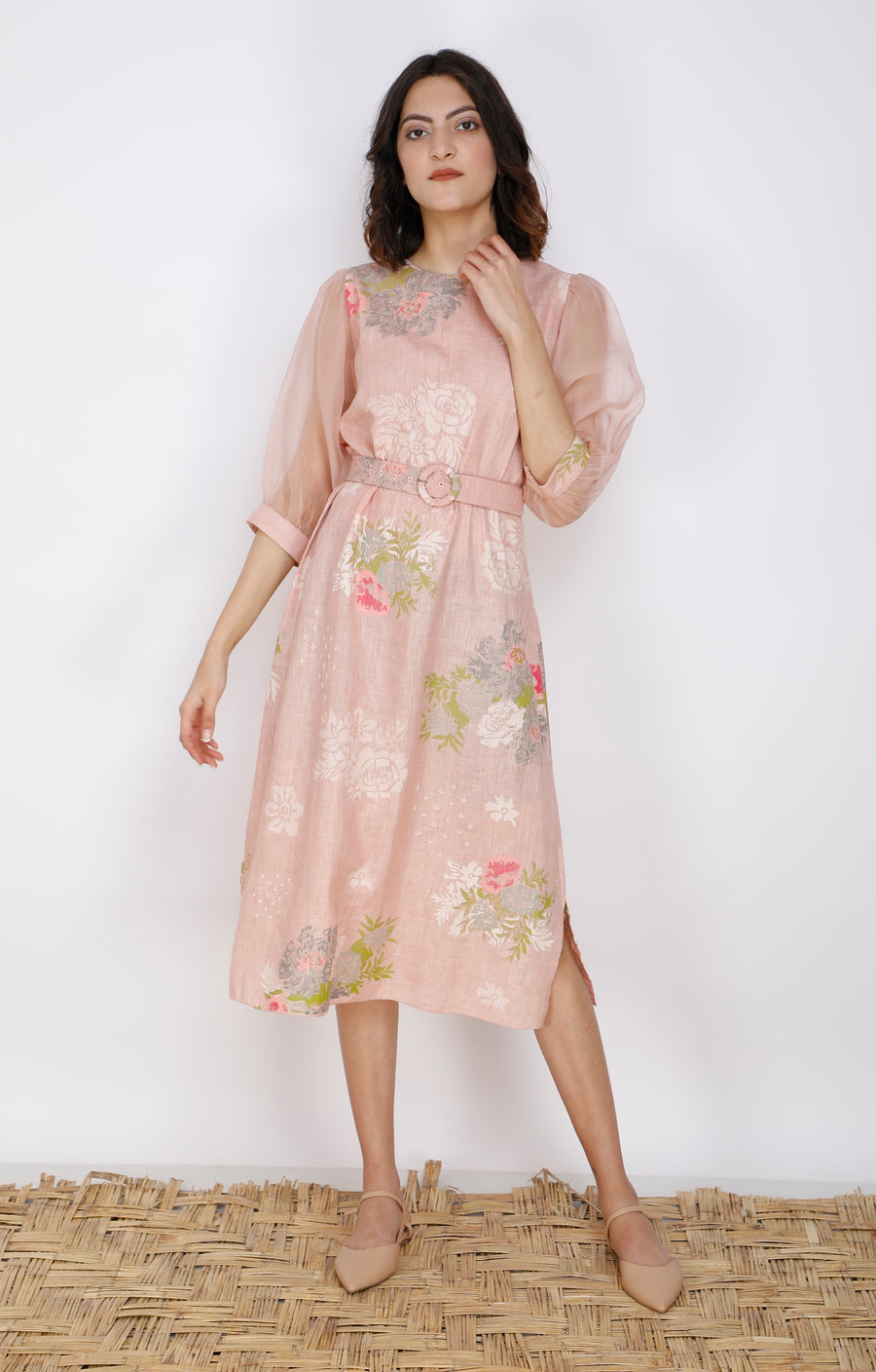 Roses Print Slip Dress In Linen-Dress-ARCVSH by Pallavi Singh