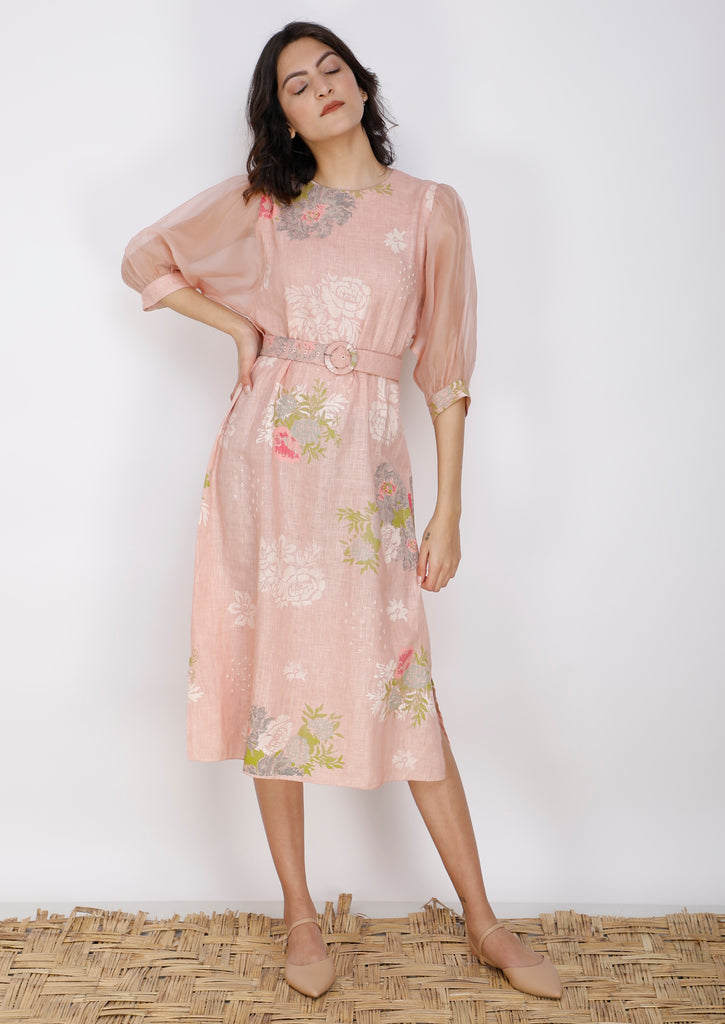 Roses Print Slip Dress In Linen-Dress-ARCVSH by Pallavi Singh