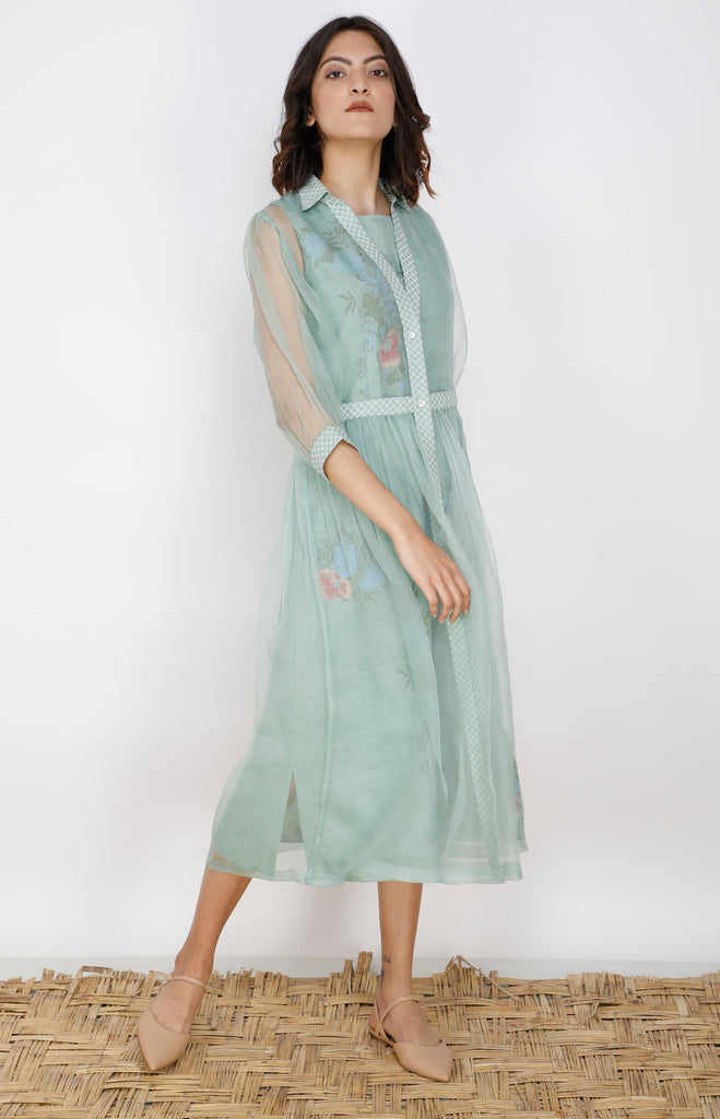 Mint Double Layer Organza And Linen Dress-Dress-ARCVSH by Pallavi Singh