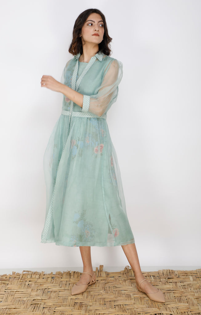 Mint Double Layer Organza And Linen Dress-Dress-ARCVSH by Pallavi Singh