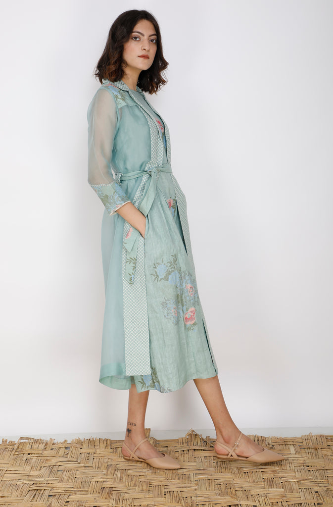 Mint Printed Jumpsuit And Jacket Set In Linen And Organza-Full Set-ARCVSH by Pallavi Singh