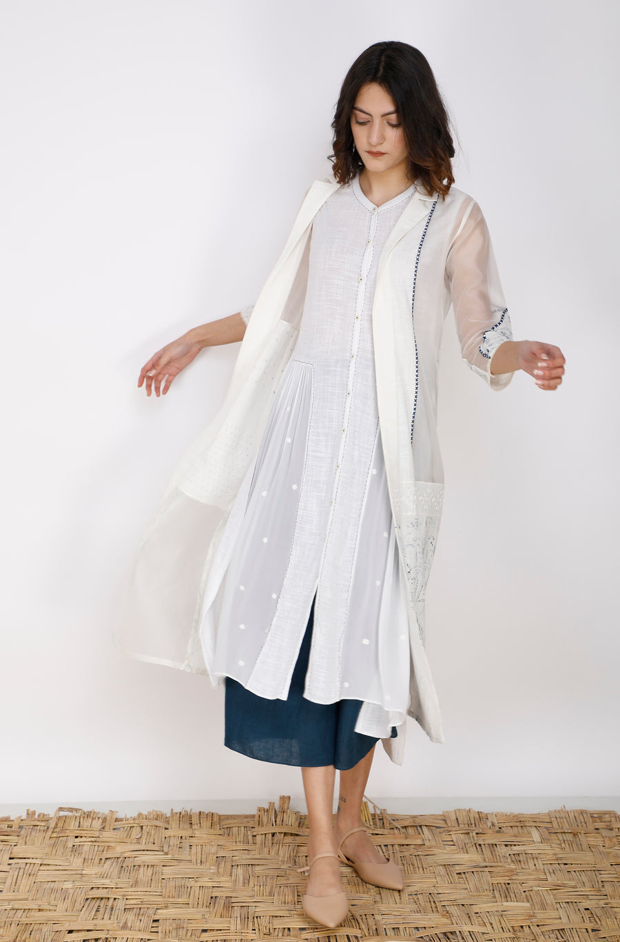 Ivory With Indigo Print Sheer Detail Jumpsuit In Cotton-Jumpsuit-ARCVSH by Pallavi Singh