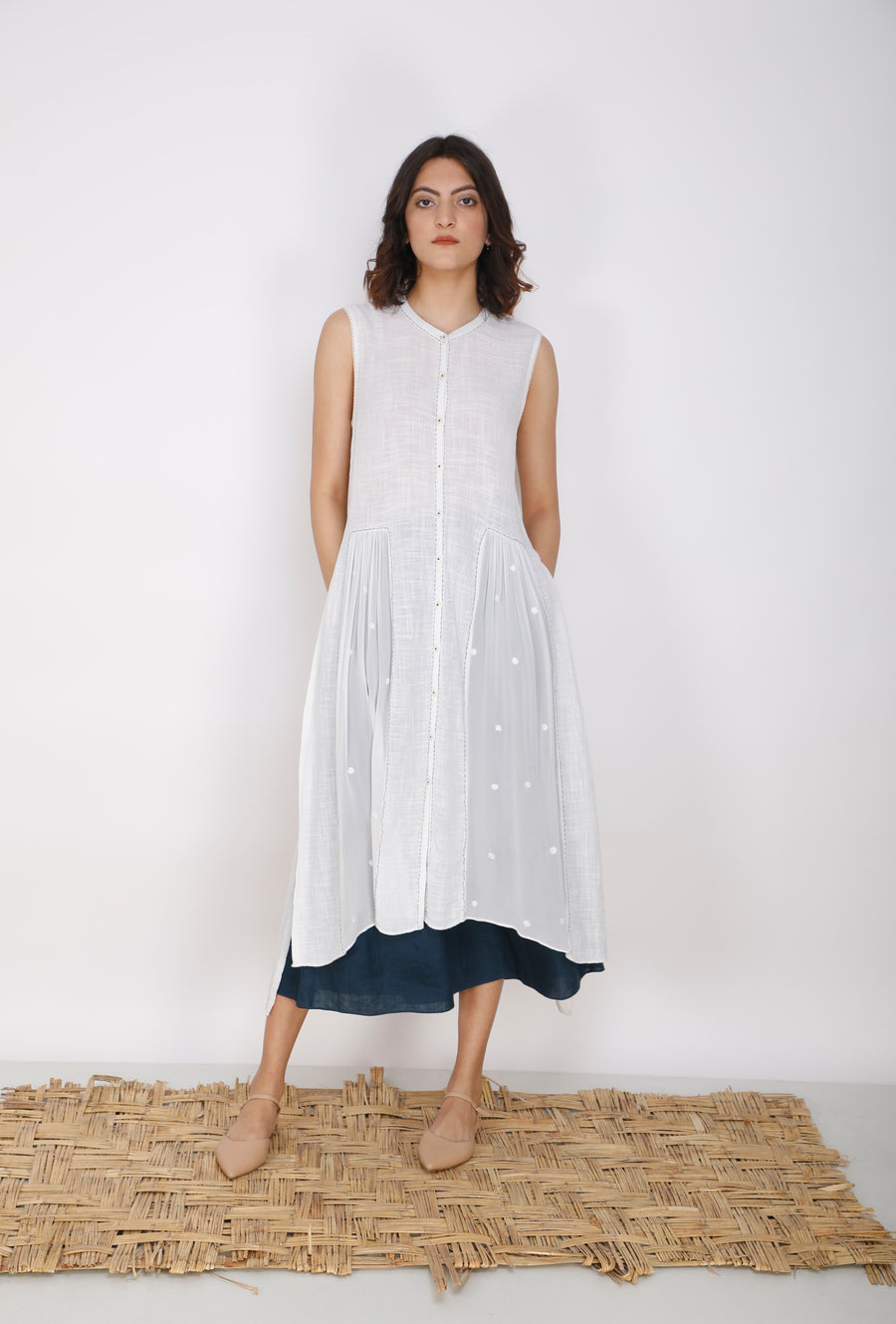 Ivory Front Gathered Cotton And Georgette Tunic With Flare Pants-Full Set-ARCVSH by Pallavi Singh