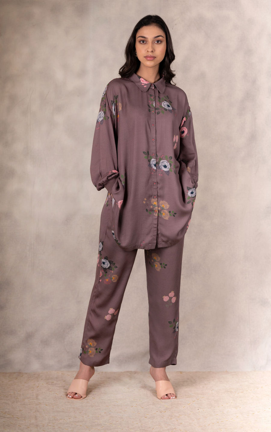 Coffee Eden Print Layered Back Shirt In Bemberg-Shirt-ARCVSH by Pallavi Singh